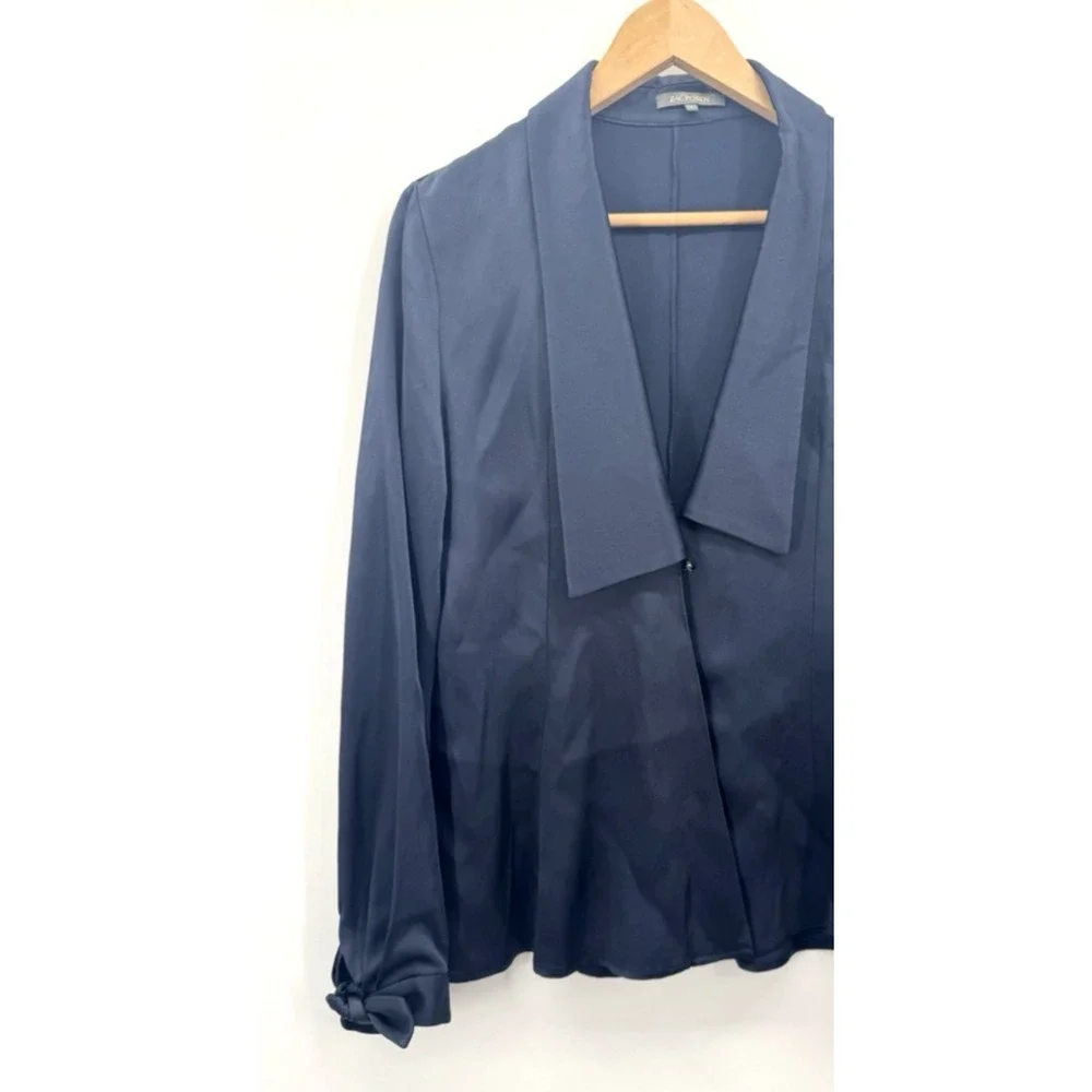 Zac Posen Navy Shawl Collar Deep V-Neck Top 8 Quiet Luxury Minimal Capsule Satin